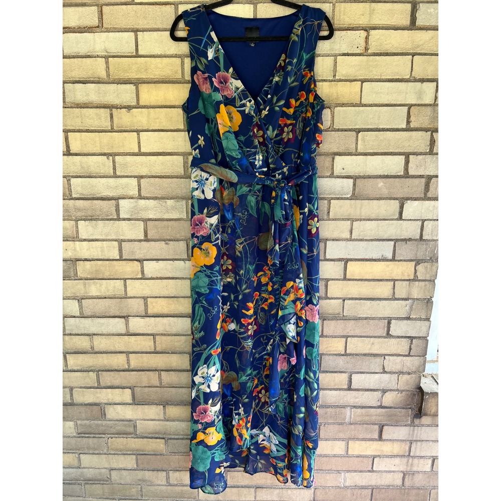 Melrose Navy Blue Floral Sleeveless Faux Wrap High-Low Maxi Dress Size 14 Large